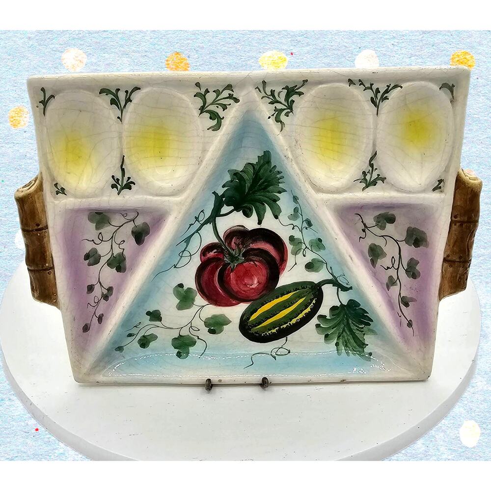 Vintage Italy Hand Painted Vegetable Egg Crudites Platter Serving Dish